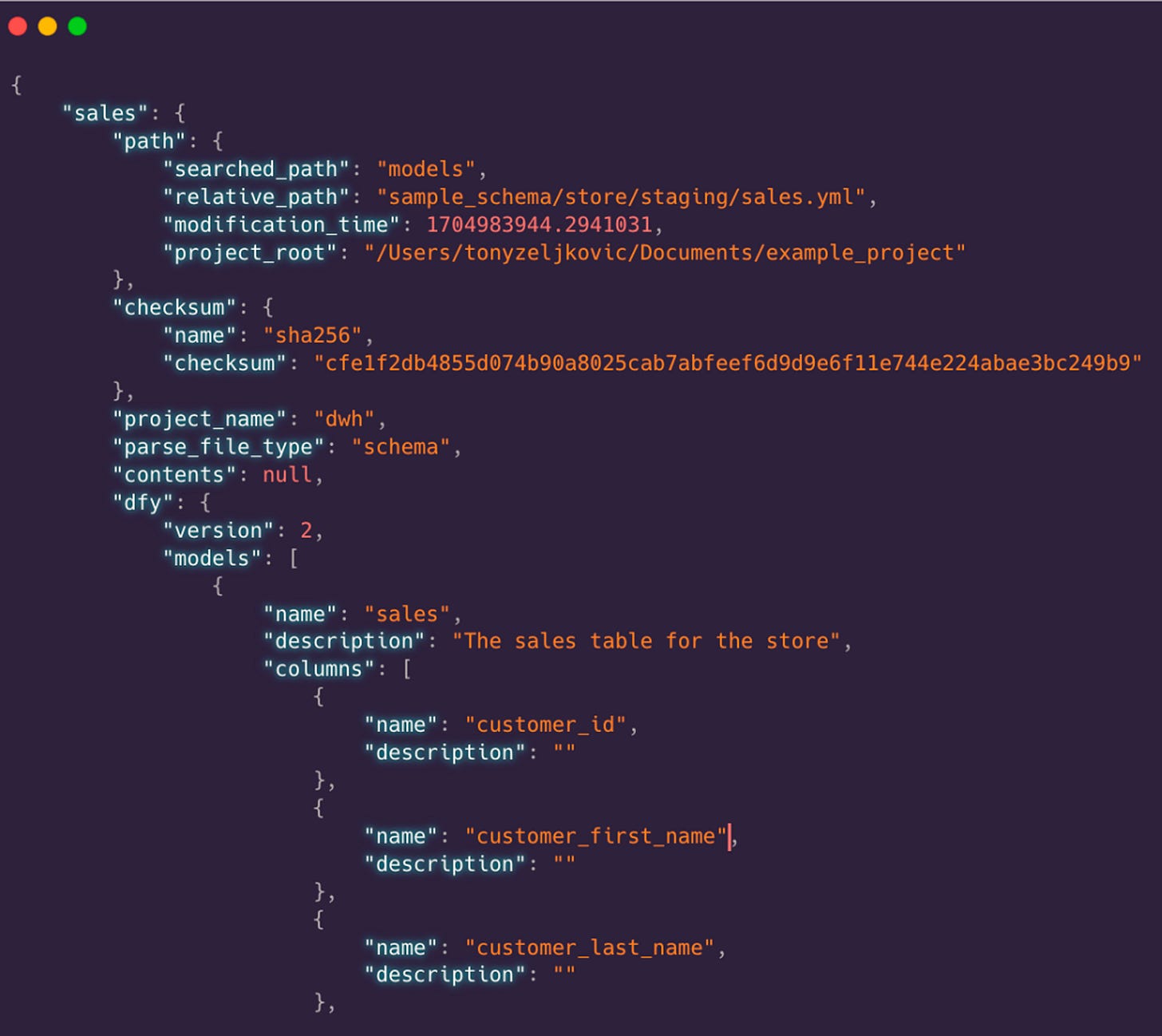 Example output dictionary mapping model names to YAML file data