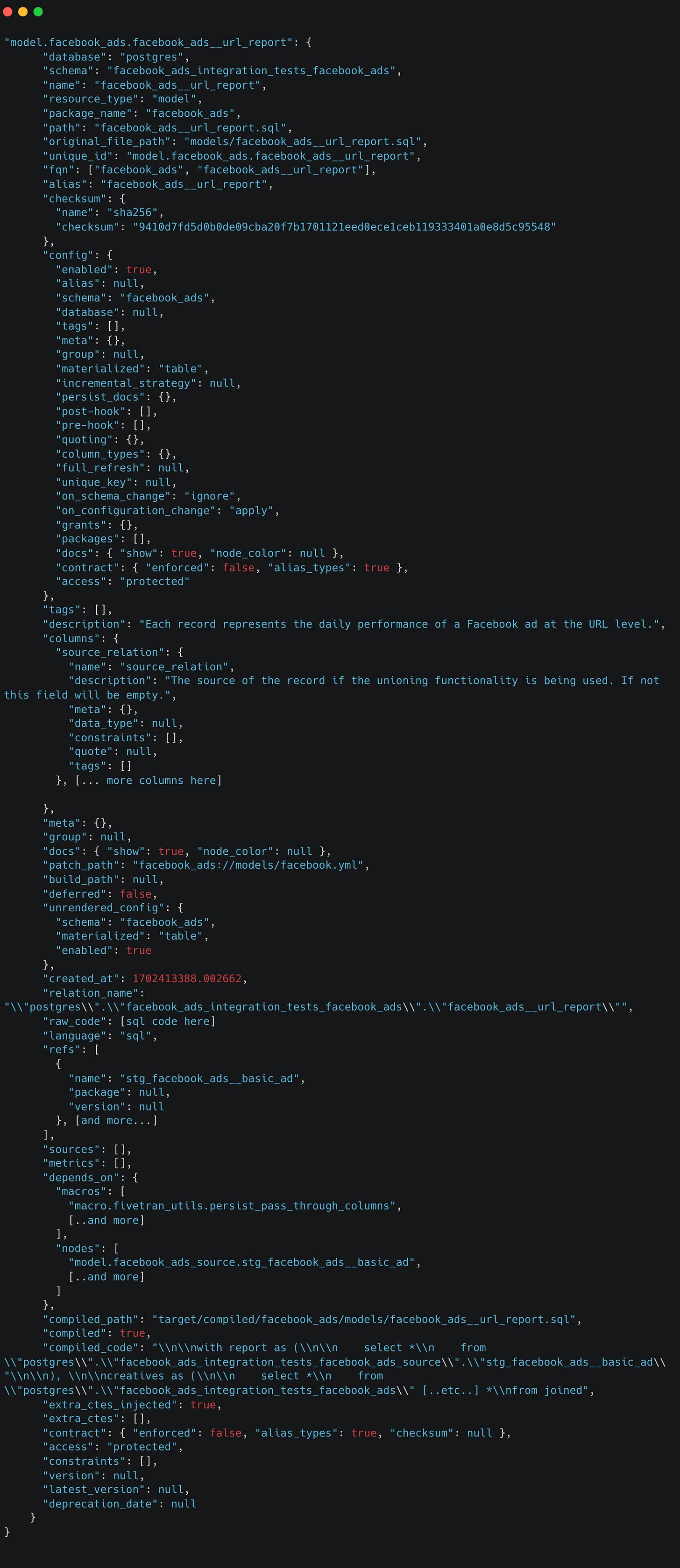 Simplified example of a model node in manifest.json