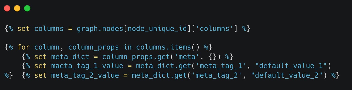 Jinja macro parsing metadata tags from model columns
