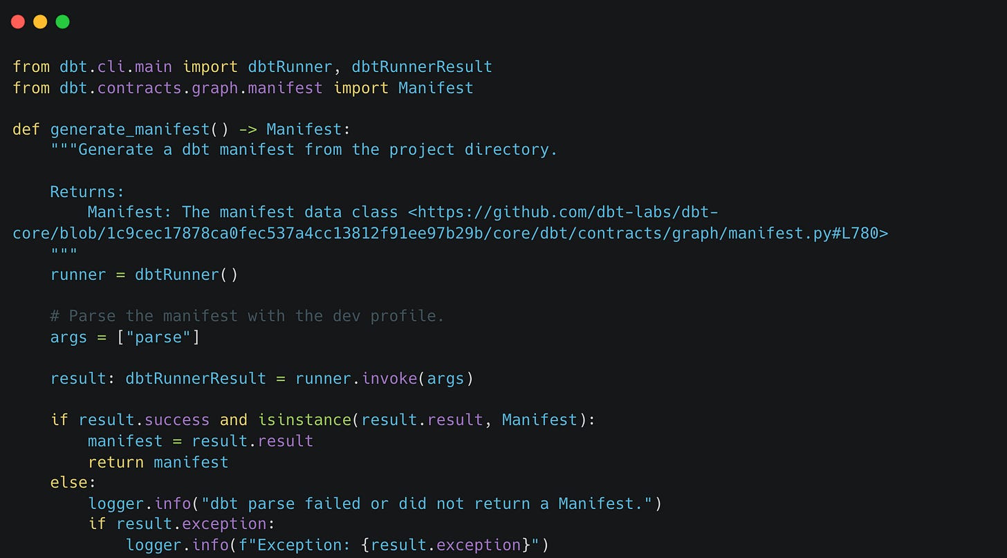 Python script invoking dbt parse through dbtRunner to obtain a Manifest object