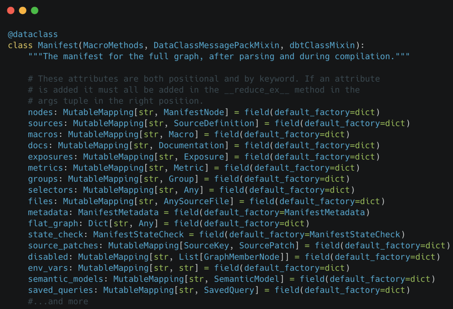 Fields of the Manifest dataclass in dbt-core source code