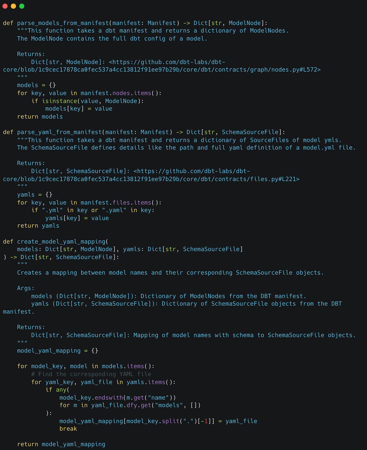 Python code associating model nodes with their YAML file data