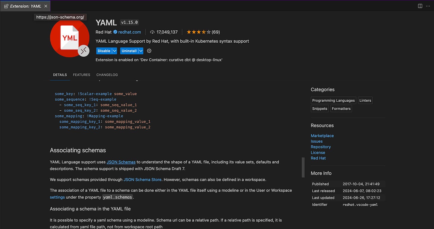 The RedHat YAML extension in the VS Code marketplace