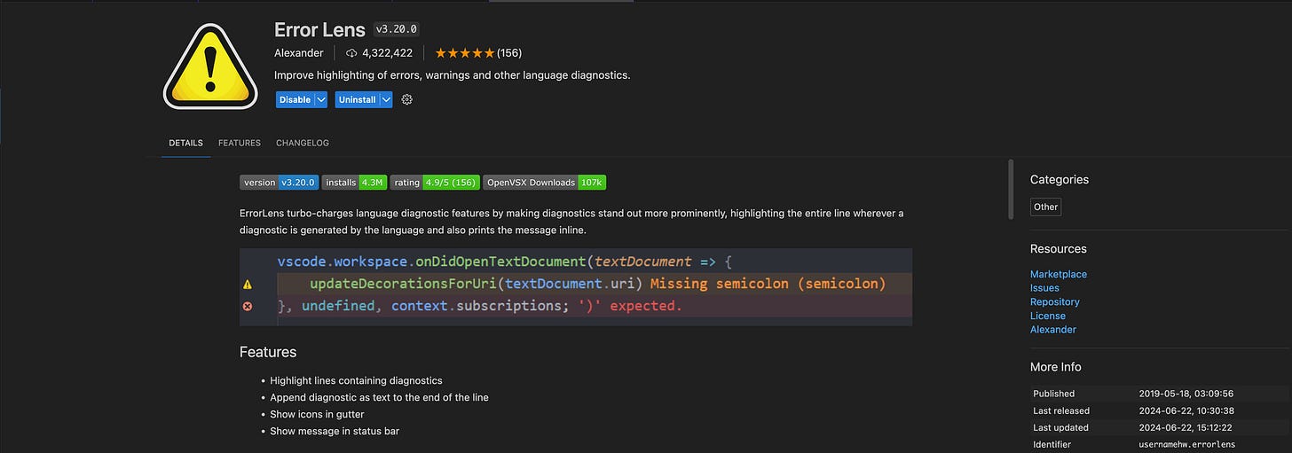 The Error Lens extension in the VS Code marketplace