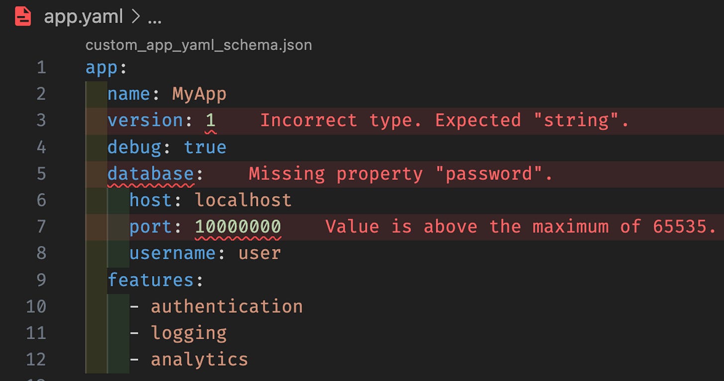 Inline validation errors highlighted in the yaml file
